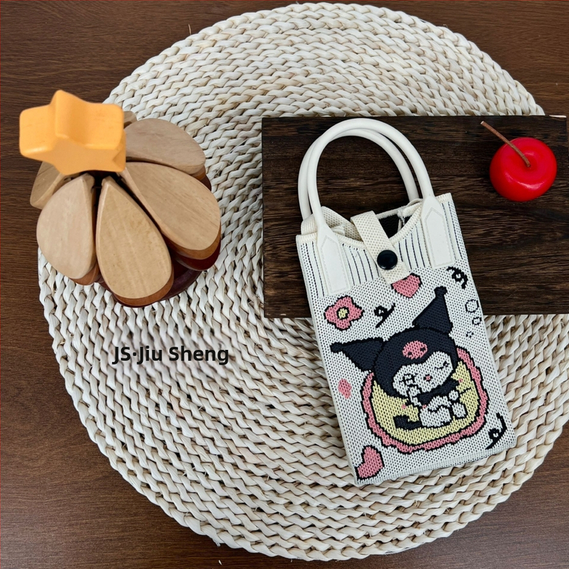 Teksturēta rokas soma ar sirds formas telefonu maciņu — svaigs un salds stils, materiāls poliesteris, vertikāla kvadrāta forma, aizvērums ar atslēgu, iekšējā kabatiņa telefona glabāšanai