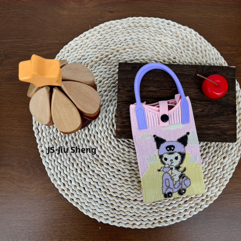 Teksturēta rokas soma ar sirds formas telefonu maciņu — svaigs un salds stils, materiāls poliesteris, vertikāla kvadrāta forma, aizvērums ar atslēgu, iekšējā kabatiņa telefona glabāšanai