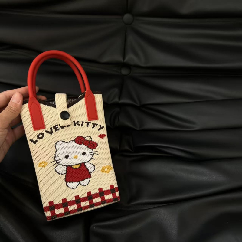 Teksturēta rokas soma ar sirds formas telefonu maciņu — svaigs un salds stils, materiāls poliesteris, vertikāla kvadrāta forma, aizvērums ar atslēgu, iekšējā kabatiņa telefona glabāšanai