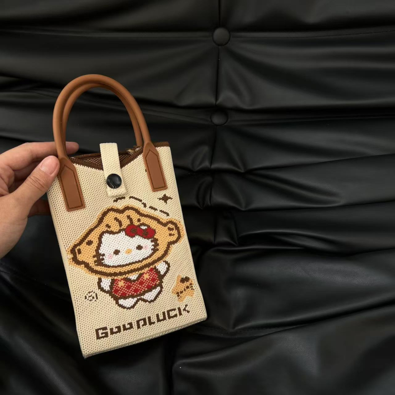 Teksturēta rokas soma ar sirds formas telefonu maciņu — svaigs un salds stils, materiāls poliesteris, vertikāla kvadrāta forma, aizvērums ar atslēgu, iekšējā kabatiņa telefona glabāšanai