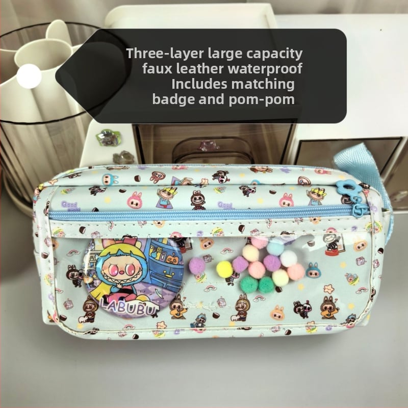Labubu калъф за моливи с карикатурен принт, канвас, голям капацитет, корейска версия