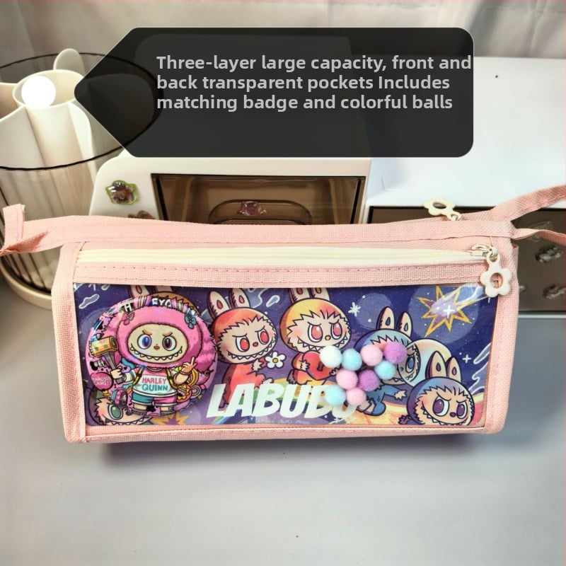 Labubu калъф за моливи с карикатурен принт, канвас, голям капацитет, корейска версия