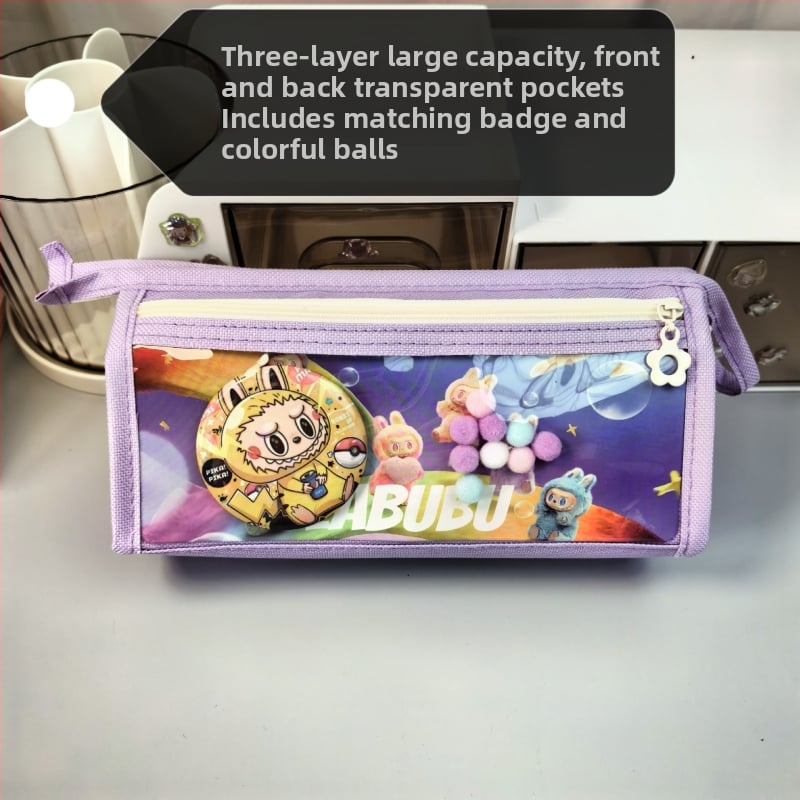 Labubu калъф за моливи с карикатурен принт, канвас, голям капацитет, корейска версия