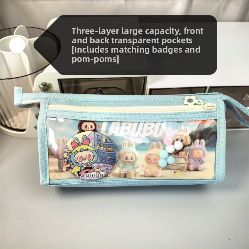Labubu калъф за моливи с карикатурен принт, канвас, голям капацитет, корейска версия