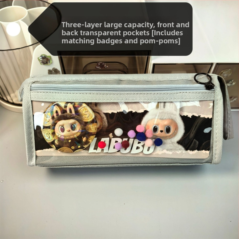 Labubu калъф за моливи с карикатурен принт, канвас, голям капацитет, корейска версия