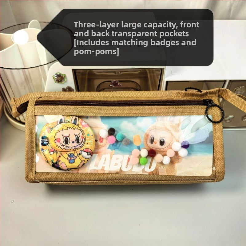 Labubu калъф за моливи с карикатурен принт, канвас, голям капацитет, корейска версия