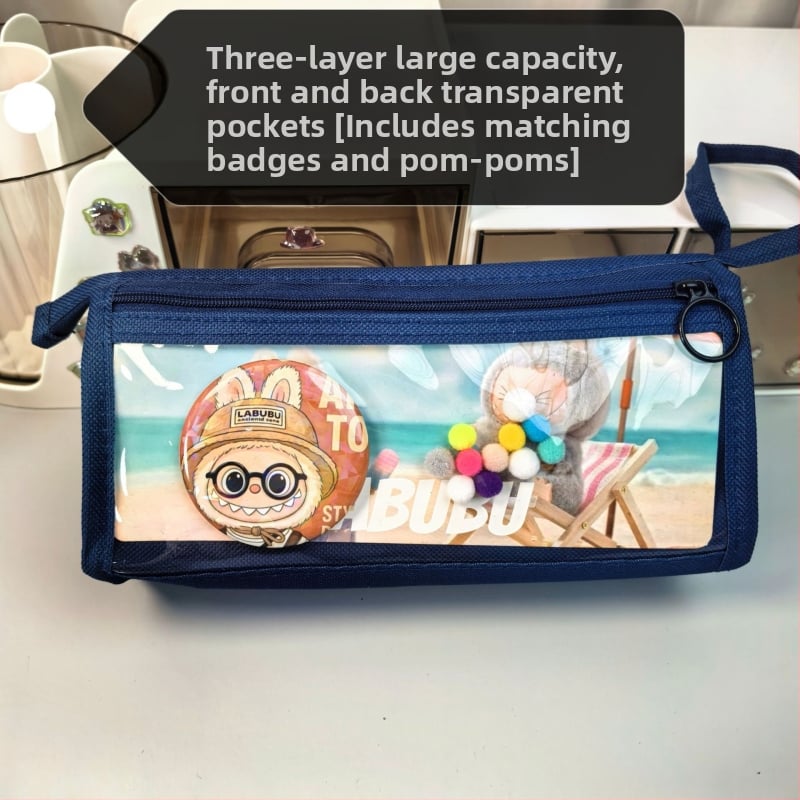 Labubu калъф за моливи с карикатурен принт, канвас, голям капацитет, корейска версия