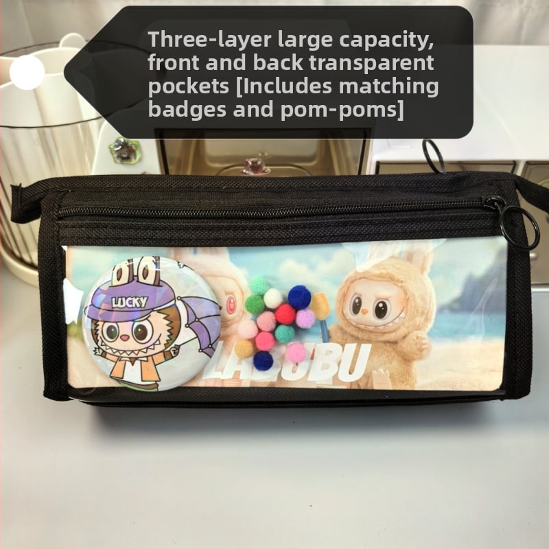 Labubu калъф за моливи с карикатурен принт, канвас, голям капацитет, корейска версия