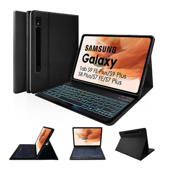 Samsungi tahvelarvutile kaitsekarp eemaldatava RGB-taustvalgustusega Bluetooth-klaviatuuriga – ühilduv S9FE Plus, S9 Plus, S8 Plus, S7FE, S7 Plus
