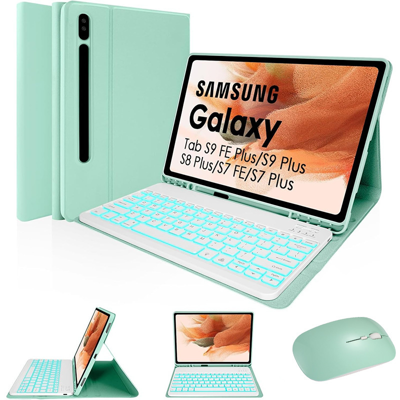 Samsungi tahvelarvutile kaitsekarp eemaldatava RGB-taustvalgustusega Bluetooth-klaviatuuriga – ühilduv S9FE Plus, S9 Plus, S8 Plus, S7FE, S7 Plus