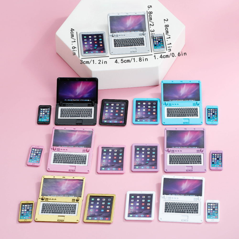 Leļļu namiņa mini gadgetu komplekts (3 gab.) – mobilie telefoni, planšetdatori un klēpjdatori, cinka sakausējums; sērija Tablet; zīmols Runi; krāsots pārklājums; pielāgojams