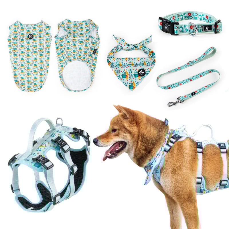 Kopai K Series kisállat-kiegészítő készlet: hám, póráz, nyakörv, nyálkendő, kutyaruha