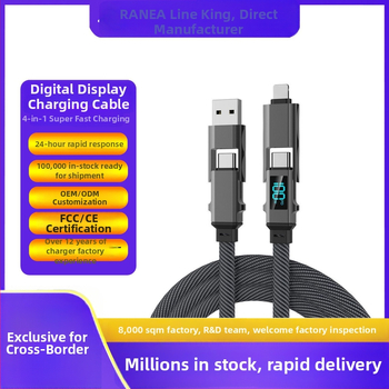 Autós töltő- és adatkábel digitális kijelzővel, négy az egyben kötött, kompatibil Lightning, USB-C, USB-A és USB 3.0, PD-kompatibilis