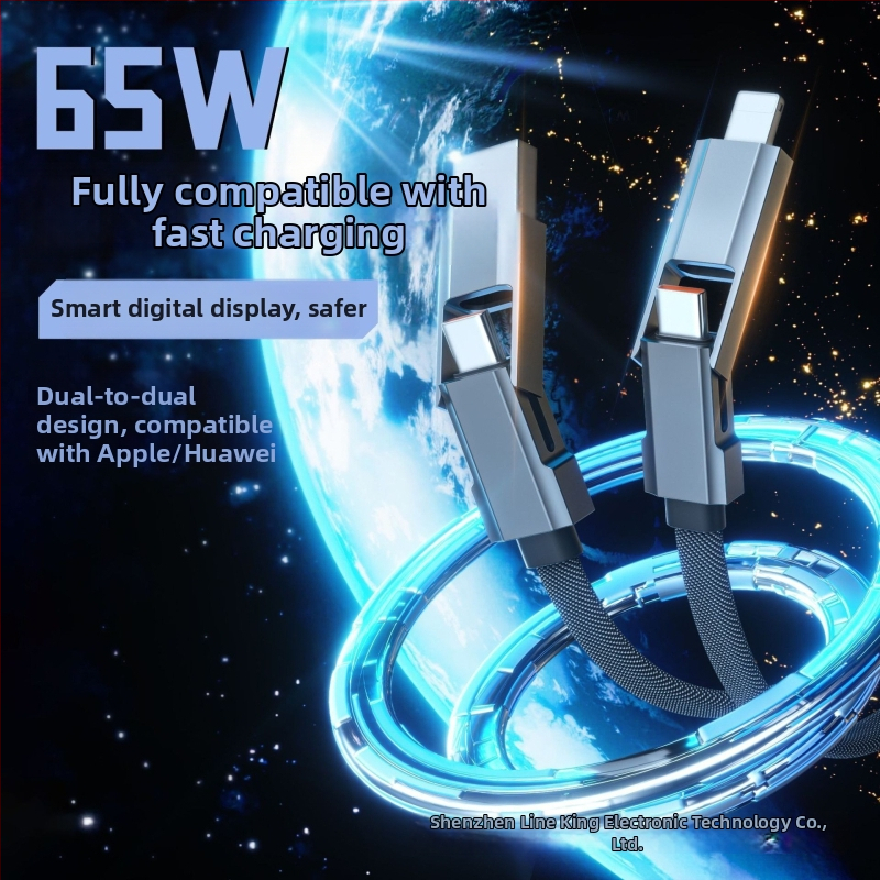 Automobilný kábel s digitálnym displejom – 4-v-1 dátový kábel, pletený, kompatibilný s Lightning, USB-C, USB-A a USB 3.0, PD kompatibilný