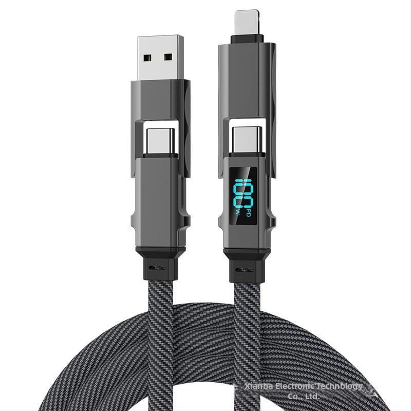 Automobilný kábel s digitálnym displejom – 4-v-1 dátový kábel, pletený, kompatibilný s Lightning, USB-C, USB-A a USB 3.0, PD kompatibilný