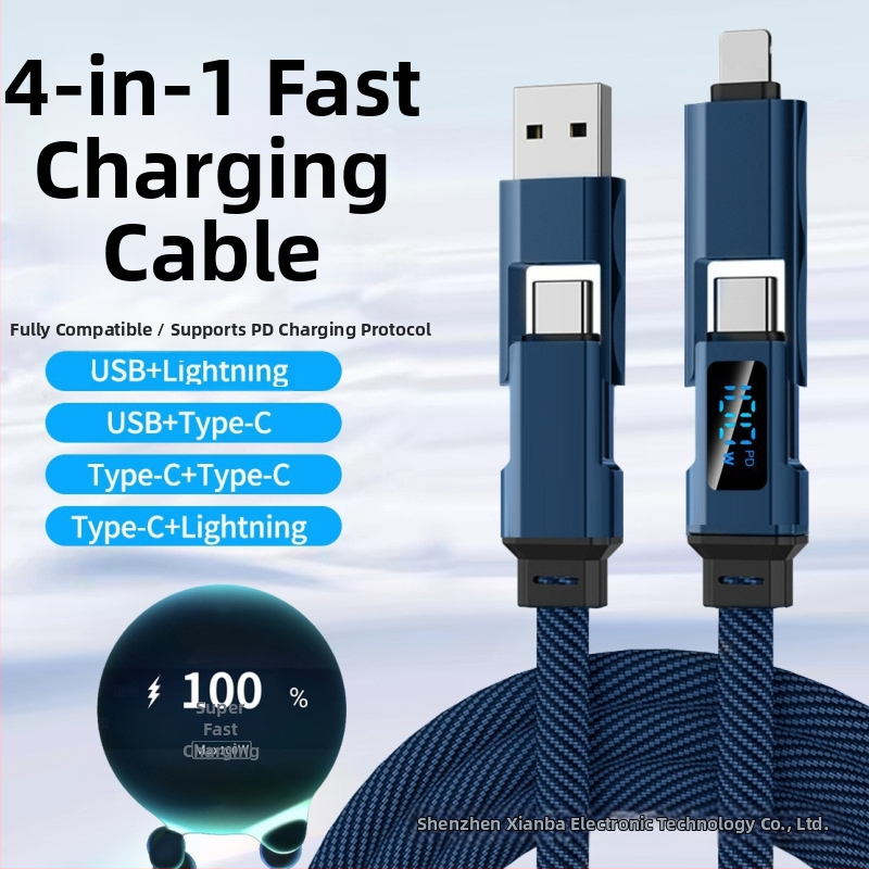 Autós töltő- és adatkábel digitális kijelzővel, négy az egyben kötött, kompatibil Lightning, USB-C, USB-A és USB 3.0, PD-kompatibilis