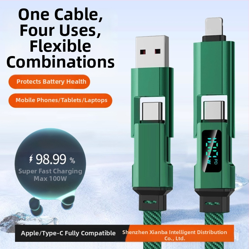 Autós töltő- és adatkábel digitális kijelzővel, négy az egyben kötött, kompatibil Lightning, USB-C, USB-A és USB 3.0, PD-kompatibilis