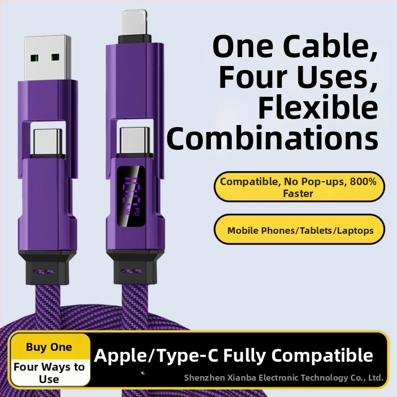 Autós töltő- és adatkábel digitális kijelzővel, négy az egyben kötött, kompatibil Lightning, USB-C, USB-A és USB 3.0, PD-kompatibilis