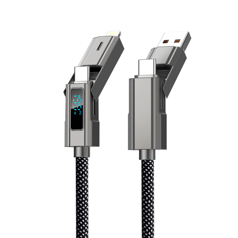 Autós töltő- és adatkábel digitális kijelzővel, négy az egyben kötött, kompatibil Lightning, USB-C, USB-A és USB 3.0, PD-kompatibilis