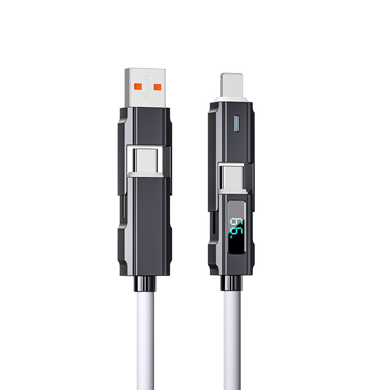 Autós töltő- és adatkábel digitális kijelzővel, négy az egyben kötött, kompatibil Lightning, USB-C, USB-A és USB 3.0, PD-kompatibilis