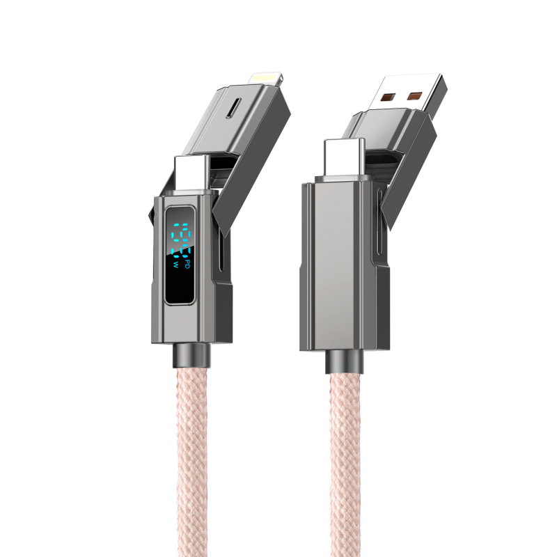 Autós töltő- és adatkábel digitális kijelzővel, négy az egyben kötött, kompatibil Lightning, USB-C, USB-A és USB 3.0, PD-kompatibilis