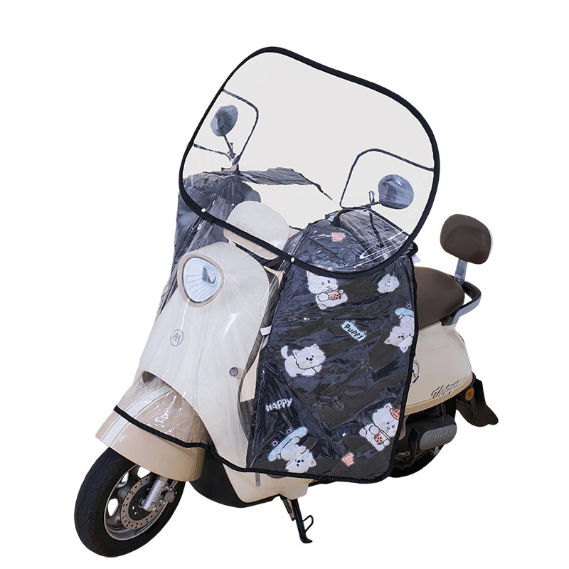 Предно ветробранно стъкло за електрически мотоциклет – прозрачно, водоустойчиво, слънцезащитно; модел 001; подходящо за мотори с огледало за обратно виждане и без кошница; материал: Oxford плат + пластмаса