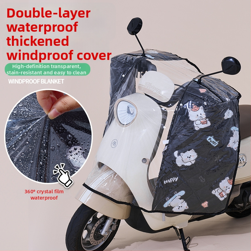 Предно ветробранно стъкло за електрически мотоциклет – прозрачно, водоустойчиво, слънцезащитно; модел 001; подходящо за мотори с огледало за обратно виждане и без кошница; материал: Oxford плат + пластмаса