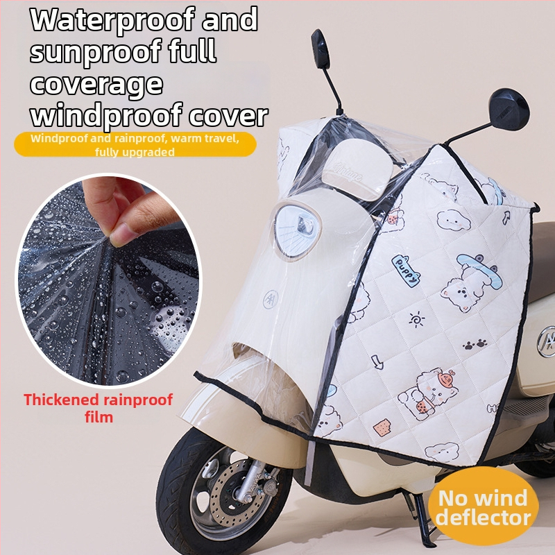 Предно ветробранно стъкло за електрически мотоциклет – прозрачно, водоустойчиво, слънцезащитно; модел 001; подходящо за мотори с огледало за обратно виждане и без кошница; материал: Oxford плат + пластмаса