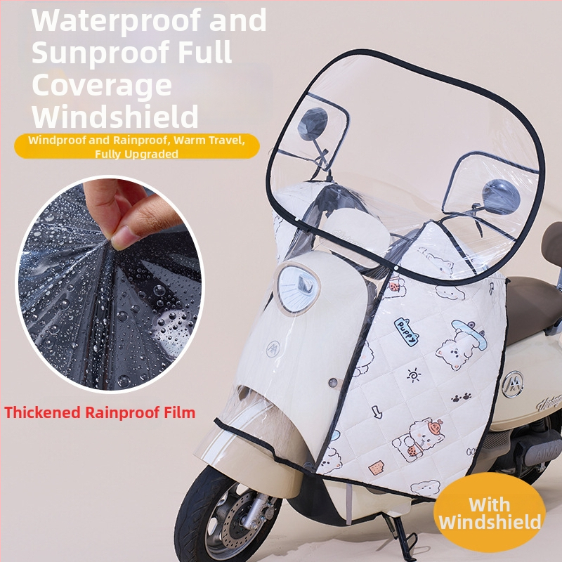 Предно ветробранно стъкло за електрически мотоциклет – прозрачно, водоустойчиво, слънцезащитно; модел 001; подходящо за мотори с огледало за обратно виждане и без кошница; материал: Oxford плат + пластмаса