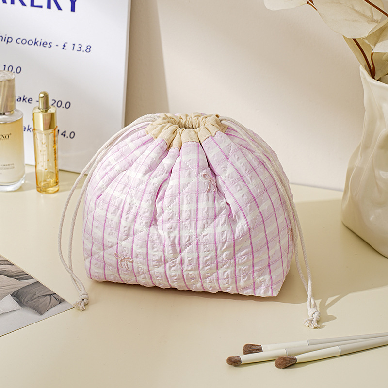 Geantă de machiaj cu capacitate mare, material poliester, model dungi, căptușeală din pânză, fermoar