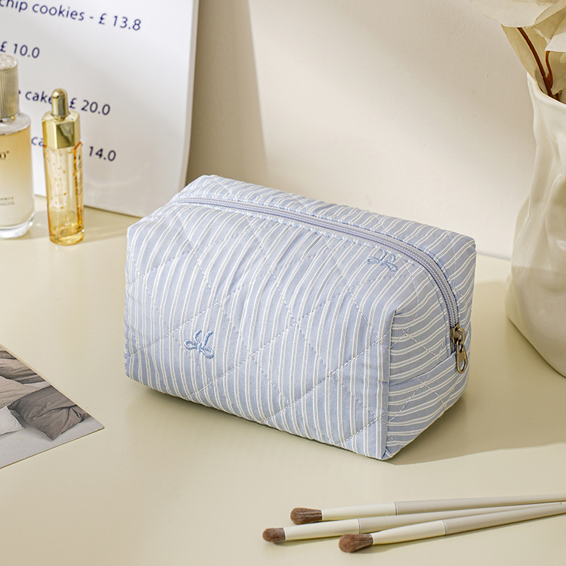 Geantă de machiaj cu capacitate mare, material poliester, model dungi, căptușeală din pânză, fermoar