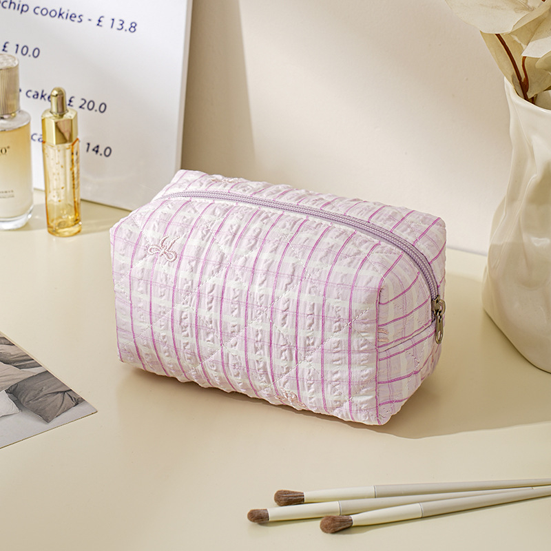 Geantă de machiaj cu capacitate mare, material poliester, model dungi, căptușeală din pânză, fermoar