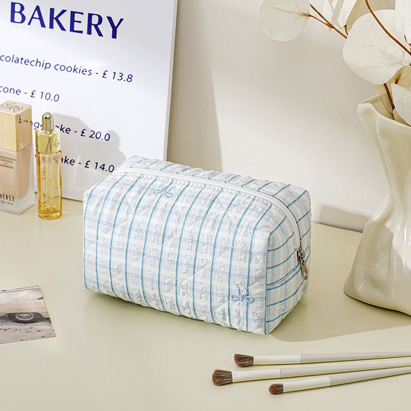 Geantă de machiaj cu capacitate mare, material poliester, model dungi, căptușeală din pânză, fermoar