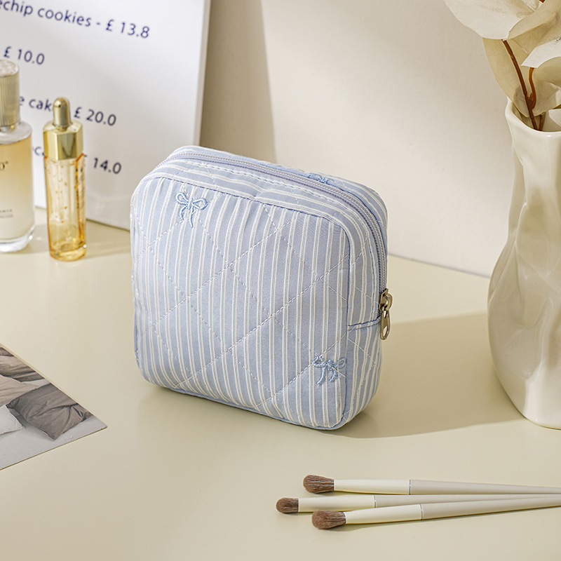 Geantă de machiaj cu capacitate mare, material poliester, model dungi, căptușeală din pânză, fermoar