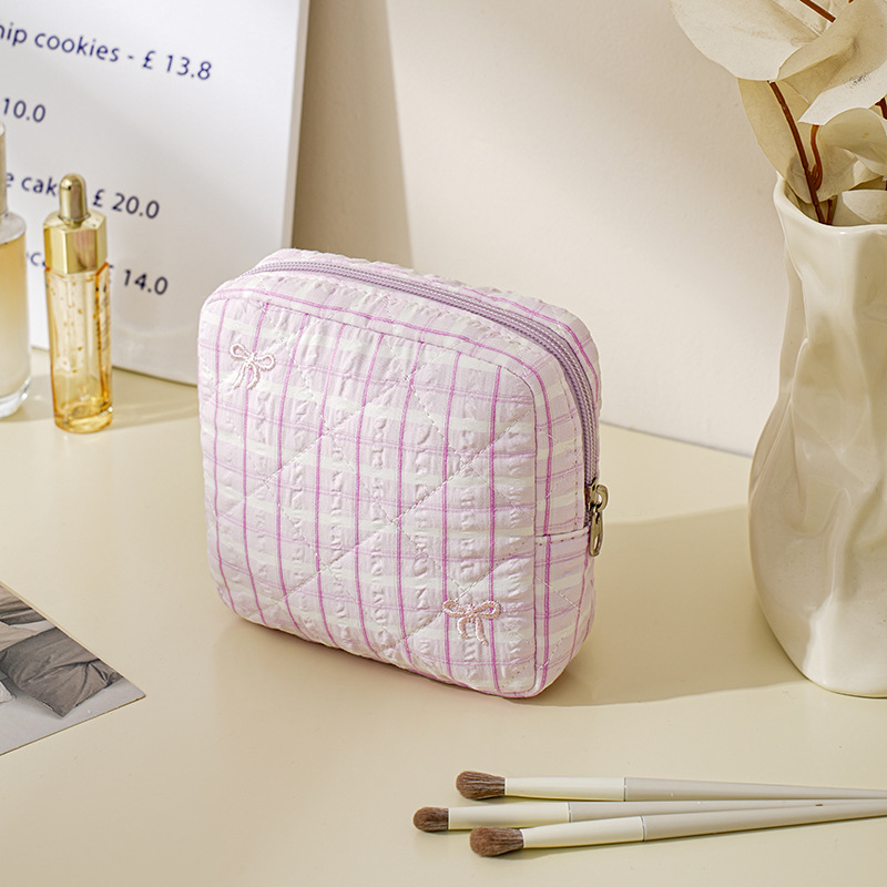 Geantă de machiaj cu capacitate mare, material poliester, model dungi, căptușeală din pânză, fermoar