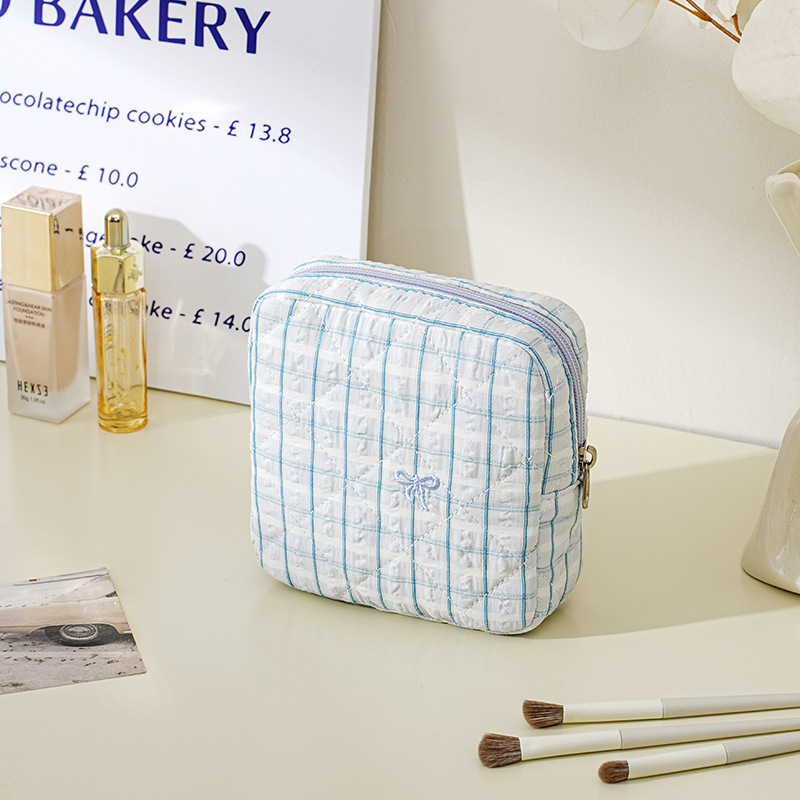 Geantă de machiaj cu capacitate mare, material poliester, model dungi, căptușeală din pânză, fermoar
