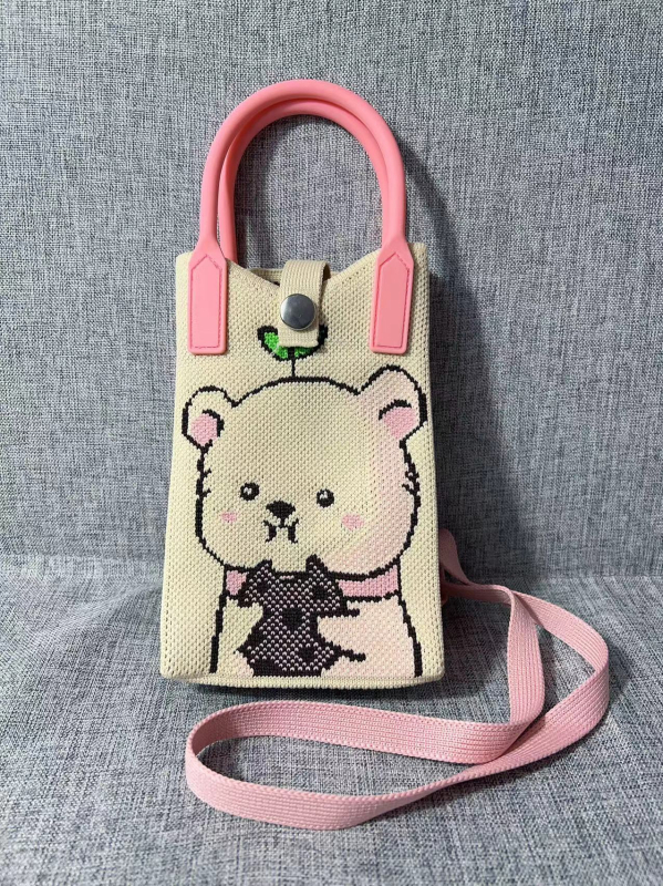 Mobiltelefon táska — aranyos rajzfilmszerű kötött dizájn, koreai stílusú keresztpántos, függőleges négyzet alakú, poliészter