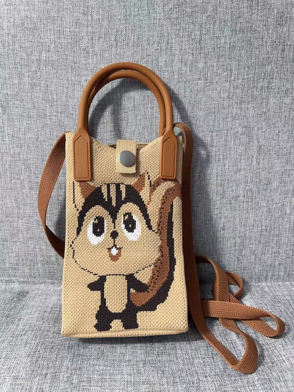 Mobiltelefon táska — aranyos rajzfilmszerű kötött dizájn, koreai stílusú keresztpántos, függőleges négyzet alakú, poliészter