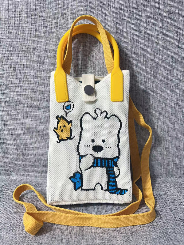 Mobiltelefon táska — aranyos rajzfilmszerű kötött dizájn, koreai stílusú keresztpántos, függőleges négyzet alakú, poliészter