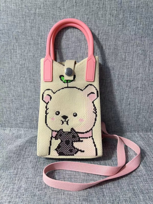 Mobiltelefon táska — aranyos rajzfilmszerű kötött dizájn, koreai stílusú keresztpántos, függőleges négyzet alakú, poliészter