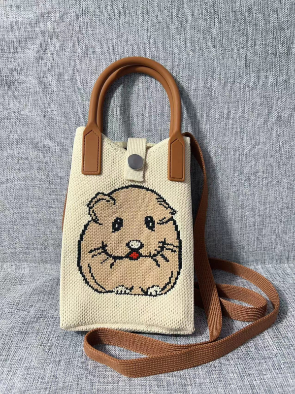 Mobiltelefon táska — aranyos rajzfilmszerű kötött dizájn, koreai stílusú keresztpántos, függőleges négyzet alakú, poliészter