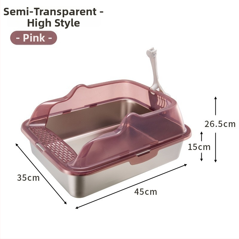 Cutie de gunoi pentru pisici din oțel inoxidabil + PP, semi-închisă, pătrată, gard înalt anti-stropire