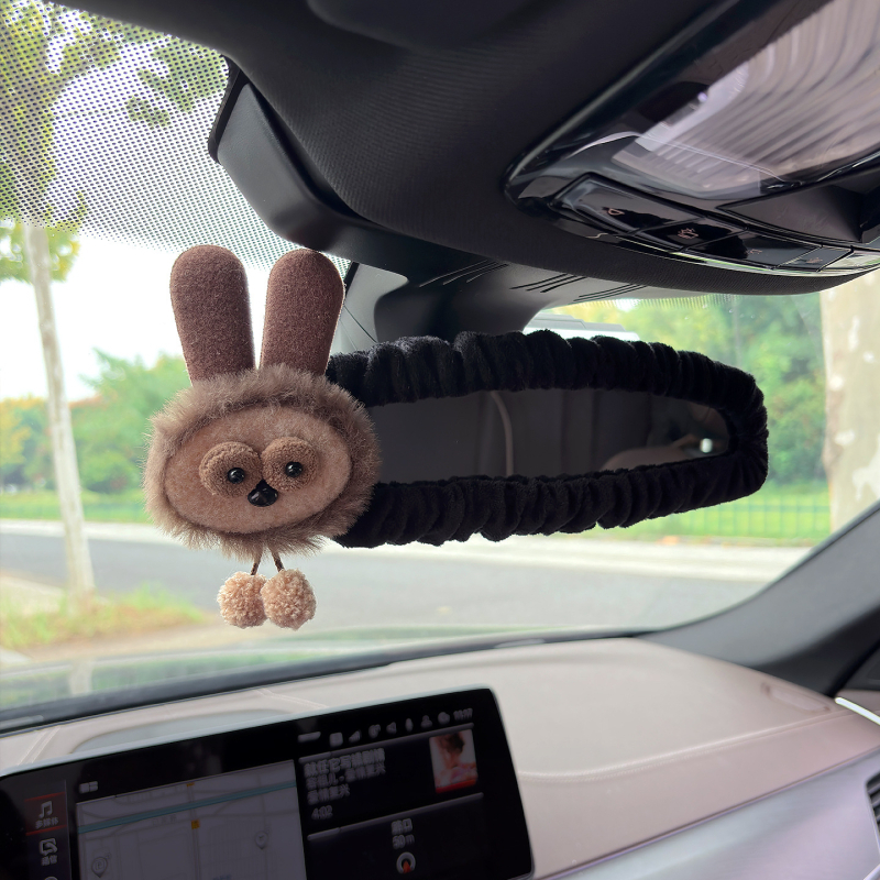 Husa pentru oglinda retrovizoare auto, material pluș, design drăguț cu iepuraș și ursuleț, suport pentru carduri, universal