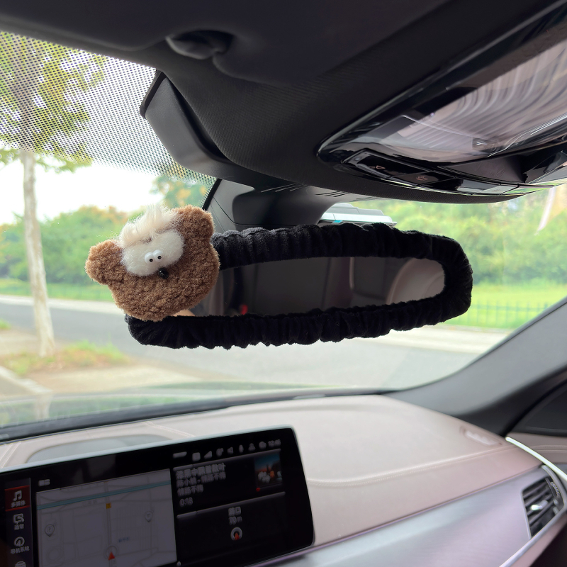Husa pentru oglinda retrovizoare auto, material pluș, design drăguț cu iepuraș și ursuleț, suport pentru carduri, universal