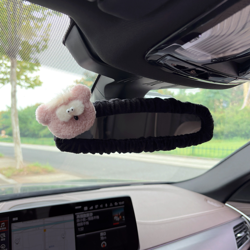 Husa pentru oglinda retrovizoare auto, material pluș, design drăguț cu iepuraș și ursuleț, suport pentru carduri, universal