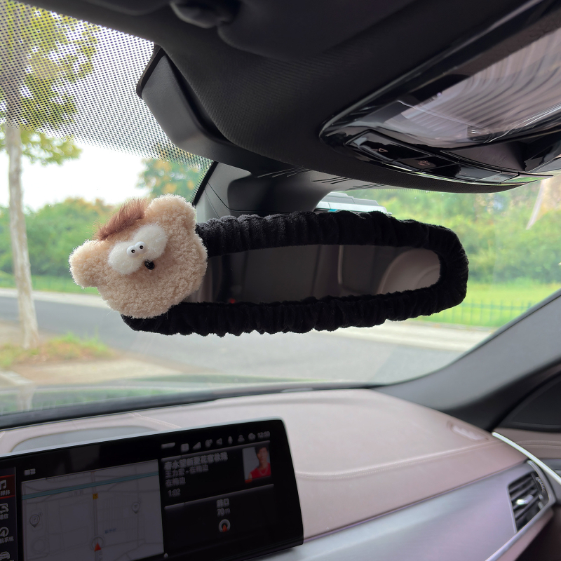 Husa pentru oglinda retrovizoare auto, material pluș, design drăguț cu iepuraș și ursuleț, suport pentru carduri, universal