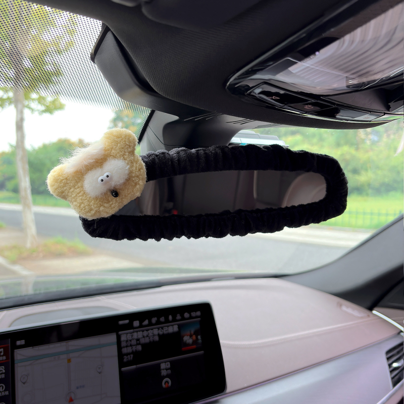 Husa pentru oglinda retrovizoare auto, material pluș, design drăguț cu iepuraș și ursuleț, suport pentru carduri, universal