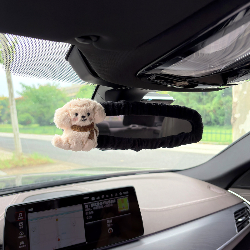 Husa pentru oglinda retrovizoare auto, material pluș, design drăguț cu iepuraș și ursuleț, suport pentru carduri, universal