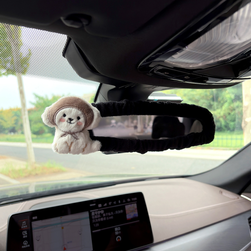 Husa pentru oglinda retrovizoare auto, material pluș, design drăguț cu iepuraș și ursuleț, suport pentru carduri, universal