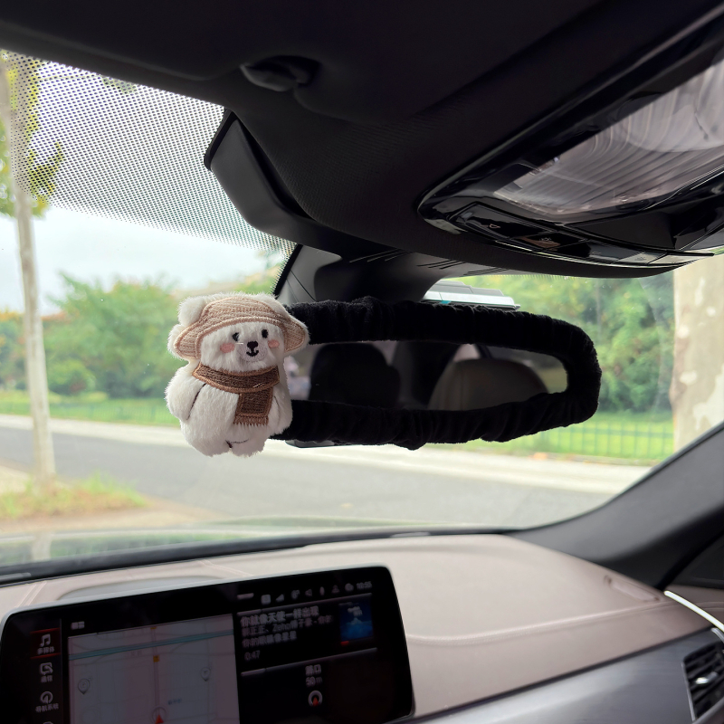 Husa pentru oglinda retrovizoare auto, material pluș, design drăguț cu iepuraș și ursuleț, suport pentru carduri, universal